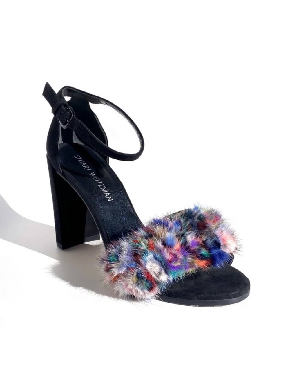 STUART WEITZMAN - High-Heel Sandal, Black Suede, Genuine Mink Fur - size 9.5